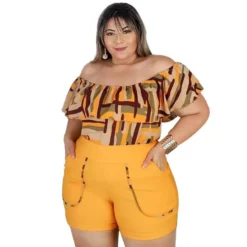 Summer Contrast Geometric Print Plus Size Women's Casual Off Shoulder Two-Piece Shorts Set -Plus Size Dresses Shop 74af86b1684727c5