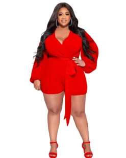 Plus Size Women Solid Chiffon Long Sleeve With Belt Romper -Plus Size Dresses Shop 7538ee941504bd4d