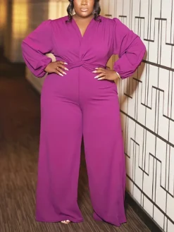 Plus Size Women Solid Knotted Casual Jumpsuit