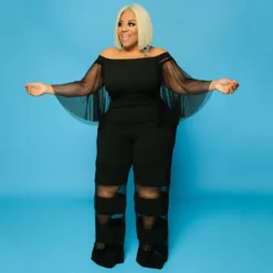 Women'S Off Shoulder Mesh Patchwork Sexy Casual Chic Plus Size Jumpsuit