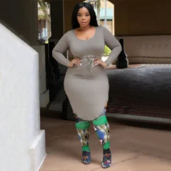 Autumn/Winter Plus Size Ladies Sexy U-Neck Solid High Waist Drawstring Irregular Dress For Women -Plus Size Dresses Shop 769cddb6d4507983