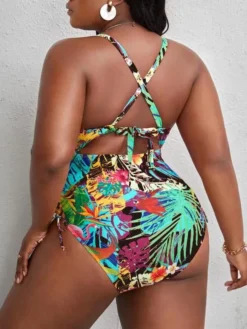 Plus Size Multicolor Print Hollow Crossover Lace-Up One-piece Swimsuit -Plus Size Dresses Shop 769d6781a5812ca9