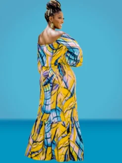 Autumn Plus Size Printed Yellow Off Shoulder Puff Sleeve Top And Maxi Skirt Set -Plus Size Dresses Shop 77089623894d2bad