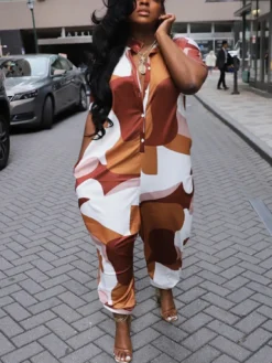 Summer Plus Size Turndown Collar Loose One-Piece Irregular Print Sexy Jumpsuit -Plus Size Dresses Shop 77192d67361b111f