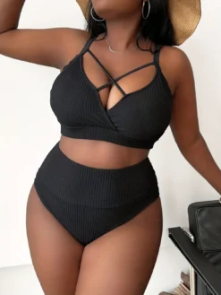 Sexy Plus Size Solid Straps High Waist Bikini Two Piece Swimsuit -Plus Size Dresses Shop 778949359f7ed1dc