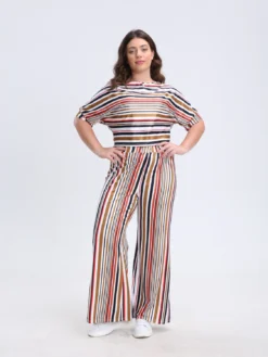 Plus Size Women Casual Short Sleeve Top And Striped Wide Leg Pants Two-piece Set -Plus Size Dresses Shop 77fd08b0999d30df