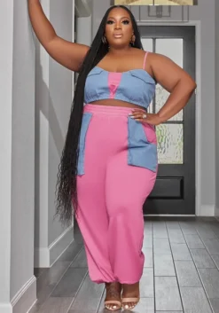 Plus Size Women's Style Patchwork Flap Pocket Loose Lace-Up Telemotion Casual Set -Plus Size Dresses Shop 786d7490d50f5340