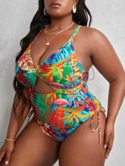 Plus Size Multicolor Print Hollow Crossover Lace-Up One-piece Swimsuit -Plus Size Dresses Shop 78cc9d13ee9413e6