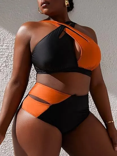 Plus Size Women Color Block Two Pieces Swimwear 8 Plus Size Women Color Block Two Pieces Swimwear - Image 6
