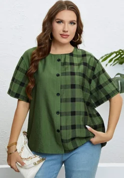 Summer Green Round Neck Plaid Casual Top -Plus Size Dresses Shop 7938fd73df66df26
