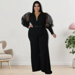 Plus Size Women Lapel Mesh Long Sleeve Jumpsuit With Belt -Plus Size Dresses Shop 7948cf56bf26a248