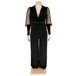 Plus Size Women Lapel Mesh Long Sleeve Jumpsuit With Belt -Plus Size Dresses Shop 79cf9b35c0af2552
