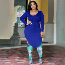 Autumn/Winter Plus Size Ladies Sexy U-Neck Solid High Waist Drawstring Irregular Dress For Women -Plus Size Dresses Shop 7ae32bfeab964600