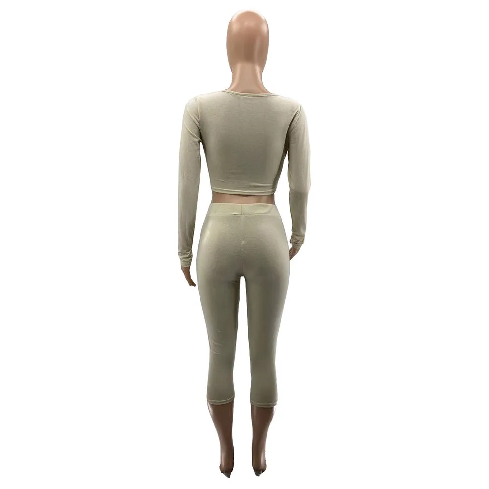 Autumn And Winter Plus Size Women's Solid Color Long Sleeve 7-Point Pants Sexy Casual Two Piece Set 15 Autumn And Winter Plus Size Women's Solid Color Long Sleeve 7-Point Pants Sexy Casual Two Piece Set - Image 13