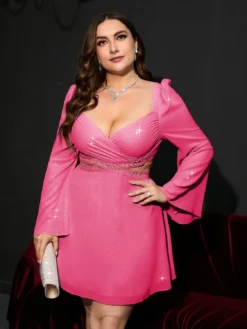 Plus Size Sexy Women Bell Bottom Sleeve Wrap Chest Hollow Dress -Plus Size Dresses Shop 7ceaabaa2c4df0bb