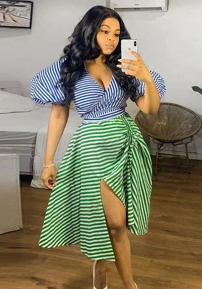 Sexy Irregular Stripe Contrast COLor Drawstring Lace-Up Slit Plus Size Two Piece Skirt Set Nightclub Dress 6 Sexy Irregular Stripe Contrast COLor Drawstring Lace-Up Slit Plus Size Two Piece Skirt Set Nightclub Dress - Image 4