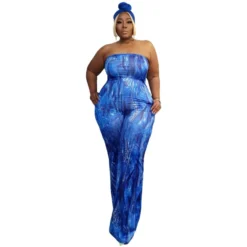 Plus Size Women Sexy Strapless Printed Wide Leg Jumpsuit