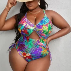 Plus Size Multicolor Print Hollow Crossover Lace-Up One-piece Swimsuit -Plus Size Dresses Shop 7d47bd8c49bc642b