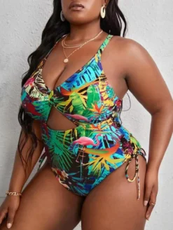 Plus Size Multicolor Print Hollow Crossover Lace-Up One-piece Swimsuit -Plus Size Dresses Shop 7d4b69c5505b703e