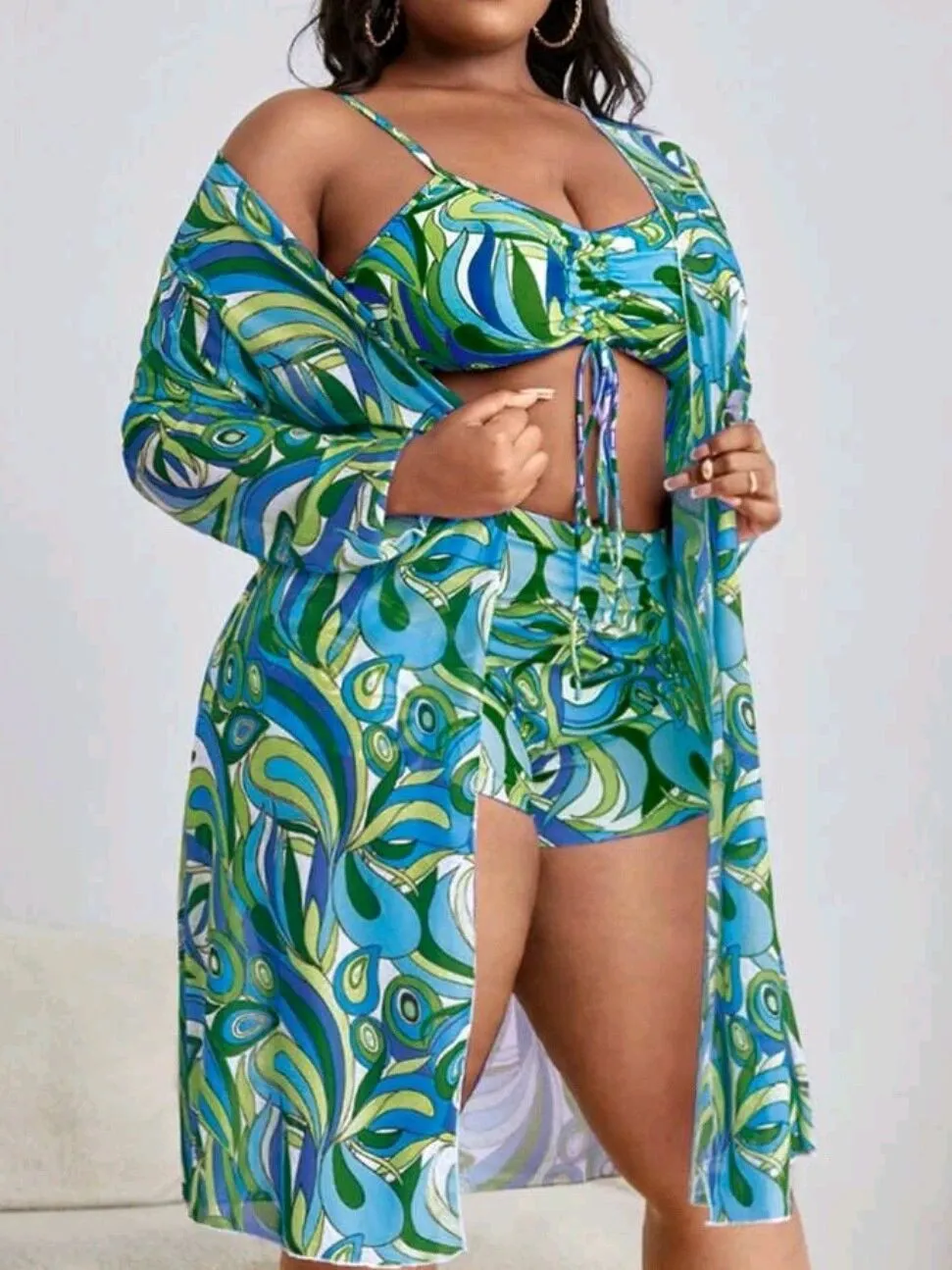 Women's Print Drawstring High Waisted Two Pieces Swimsuit Long Sleeve Blouse Plus Size Three-Piece Swimwear 4 Women's Print Drawstring High Waisted Two Pieces Swimsuit Long Sleeve Blouse Plus Size Three-Piece Swimwear - Image 2