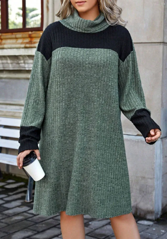 Plus Size Women High Neck Knitting Color Block Loose Casual Dress 5 Plus Size Women High Neck Knitting Color Block Loose Casual Dress - Image 3