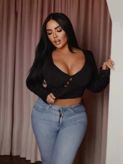 Plus Size Women Black Basic Stretch Long Sleeve T-Shirt -Plus Size Dresses Shop 7ec5ee331ecd2fff