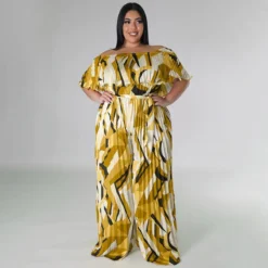 Women Print Off Shoulder Backless Pleated Loose Jumpsuit -Plus Size Dresses Shop 7ec6168a92b6fff5