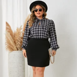 Fashion Long Sleeve Houndstooth Top And Skirt Suit For Women -Plus Size Dresses Shop 7ef0ecde30b63c61