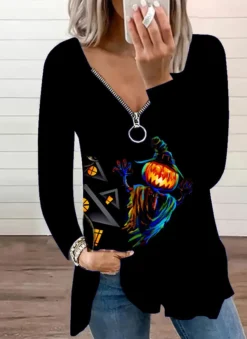 Autumn And Spring Women's Casual Fashion V-neck Zipper Print Long-sleeved Top -Plus Size Dresses Shop 7ef6d4818c634c1a