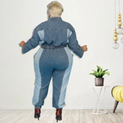 Plus Size Women Denim Wash Color Block Casual Jumpsuit -Plus Size Dresses Shop 7efc437b8670e243