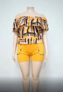 Summer Contrast Geometric Print Plus Size Women's Casual Off Shoulder Two-Piece Shorts Set -Plus Size Dresses Shop 7f468a0c32eaa235