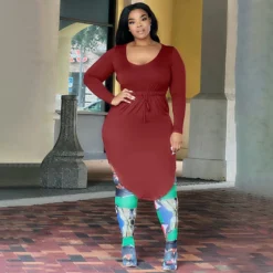 Autumn/Winter Plus Size Ladies Sexy U-Neck Solid High Waist Drawstring Irregular Dress For Women -Plus Size Dresses Shop 7f7ace05b2355559