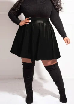 Plus Size High Waist Slim A-line Pleated Pu Leather Skirt -Plus Size Dresses Shop 7ffff45492b314df