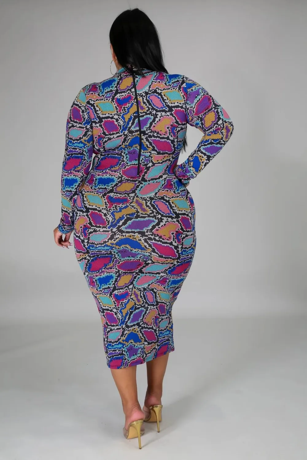 Plus Size Women V-neck Printed Long Sleeve Dress 7 Plus Size Women V-neck Printed Long Sleeve Dress - Image 5