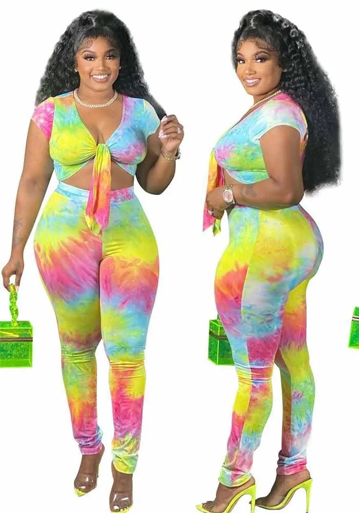 Plus Size Women's Tie Dye Gradient Print Tied Sexy Two Piece Pants Set 9 Plus Size Women's Tie Dye Gradient Print Tied Sexy Two Piece Pants Set - Image 7