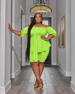 Plus Size Women Off Shoulder Solid Top And Shorts Casual Two-Piece Set -Plus Size Dresses Shop 80832295a49a206c