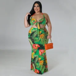 Spring Print Halter Neck Tie Dress Set -Plus Size Dresses Shop 80a9fa2157d18c20