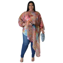 Plus Size Women Long Sleeve Round Neck Sexy Printed Chiffon Top -Plus Size Dresses Shop 81e171b63e6c47f6