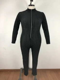 Plus Size Women'S Mesh Flocked Stripe Tight Fitting Zip Long Sleeve Jumpsuit -Plus Size Dresses Shop 81e81aeeef674c4f