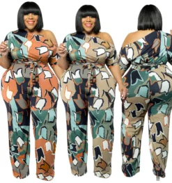 Plus Size Women's Summer Slanted Shoulder Print Jumpsuit With Belt
