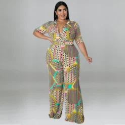 Plus Size Women Clothes Short Sleeve Deep V Neck Print Fashion Casual Multi Color Jumpsuit -Plus Size Dresses Shop 8200d66a91e2ea1e