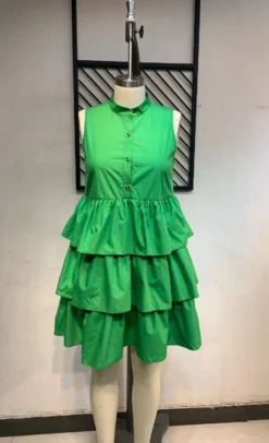 Plus Size Women Summer Solid Button Sleeveless Loose Layered Ruffles Dress -Plus Size Dresses Shop 824502a59a8666c3