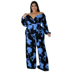 Plus Size Women Fall Print V-Neck Off Shoulder Jumpsuit -Plus Size Dresses Shop 82944bc72e0dc5a0