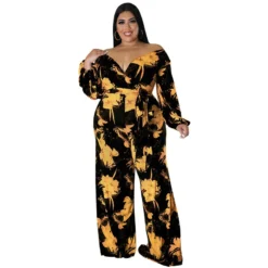 Plus Size Women Fall Print V-Neck Off Shoulder Jumpsuit -Plus Size Dresses Shop 82caca305eaa2e0b