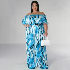 Women Print Off Shoulder Backless Pleated Loose Jumpsuit -Plus Size Dresses Shop 8340c12506bc5c5c