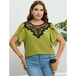 Women Summer Round Neck Lace Top