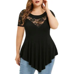 Womens Plus Size Floral Lace Short Sleeve Irregular See-Through Round Neck Women's Top -Plus Size Dresses Shop 8378e44b857ba920