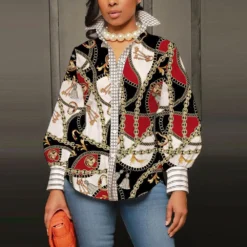 Sexy Slim Printed Puff Sleeve Top Plus Size Long Sleeve Shirt -Plus Size Dresses Shop 838254011a03176a