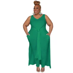 Plus Size Women Casual V Neck Slit Pocket Sleeveless Top And Solid Skirt Two-Piece Set -Plus Size Dresses Shop 8388596b87995779