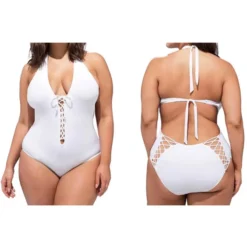 Women's Solid Color Halter Neck Lace-Up One Piece Plus Size Swimwear